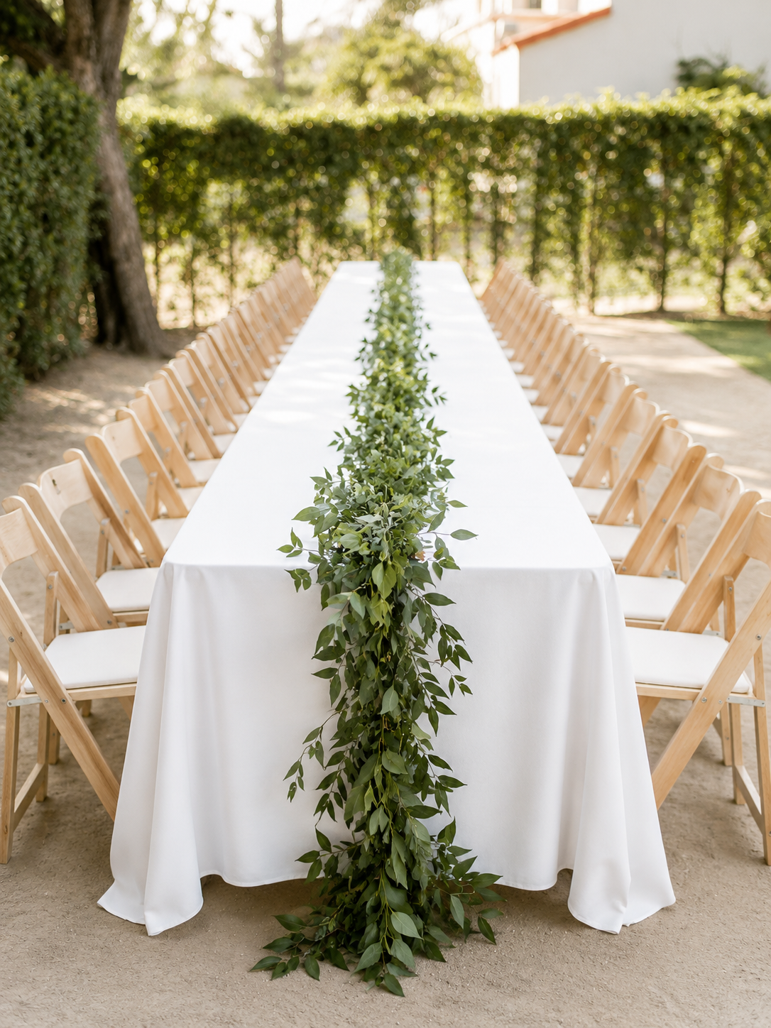 Mesa rectangular para diez personas con mantel blanco y follaje